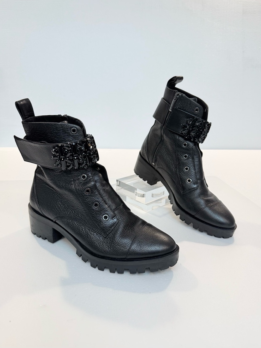 Women’s Black Leather Buckle Combat Boots
